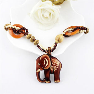 Bead Wood Elephant Pendant Necklace