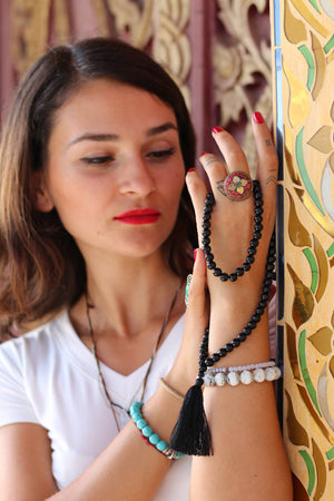 Black Onyx Buddhist Mala Beads Necklace with Black Tassels