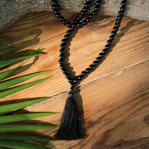 Black Onyx Buddhist Mala Beads Necklace with Black Tassels