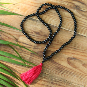 Black Onyx Buddhist Mala Beads Necklace with Red Tassels