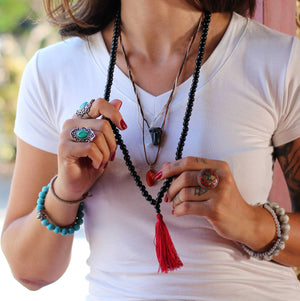 Black Onyx Buddhist Mala Beads Necklace with Red Tassels Women - Jewelry - Necklaces