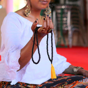 Black Onyx Buddhist Mala Beads Necklace with Yellow Tassels