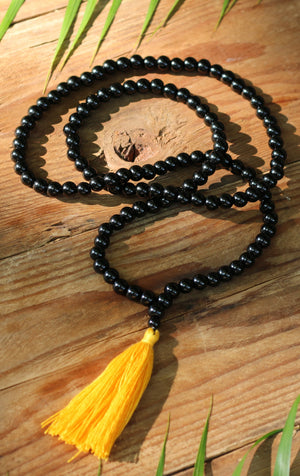 Black Onyx Buddhist Mala Beads Necklace with Yellow Tassels Women - Jewelry - Necklaces