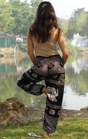 Black Tribal Elephant Harem Pants Standard / Black Harem Pants