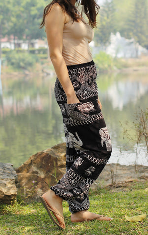 Black Tribal Elephant Harem Pants Standard / Black Harem Pants
