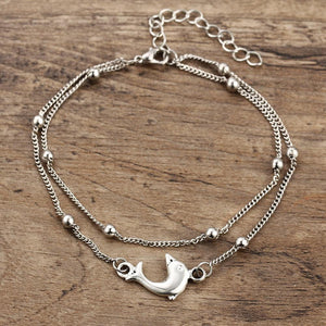 Dolphin Charm Anklet - Boho Beach Anklet with 2 layers