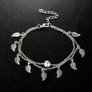 Double Layer Chain Anklet with Leaves Charms