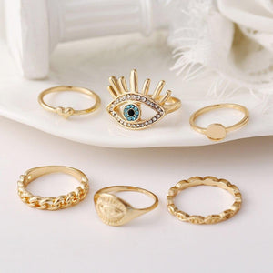 Gold & Blue Evil Eye & Heart Knuckle Ring Set