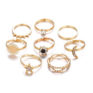 Moon Goddess and Moon Phases Crescent Ring Set