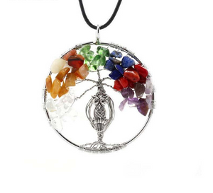 Multicolor 7 Chakra Quartz Necklace w/ Tree of Life owl Pendant