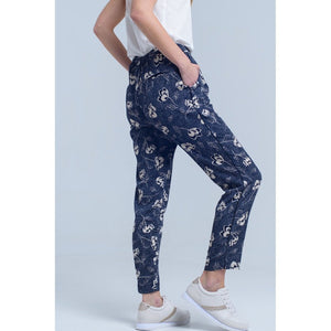 Navy blue pants with floral print Women - Apparel - Pants - Trousers