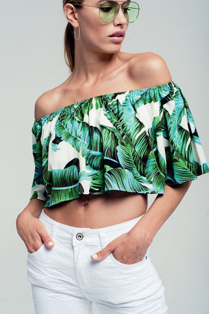 Palm print off shoulder ruffled crop top in green Women - Apparel - Shirts - Blouses
