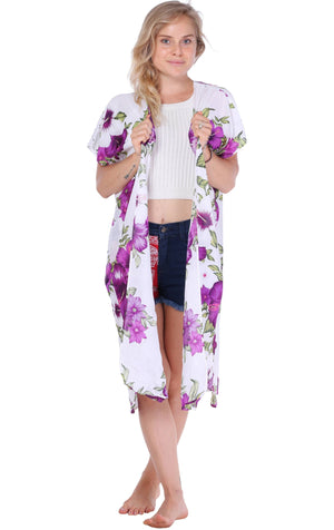 Purple & White Floral Kimono Kimono