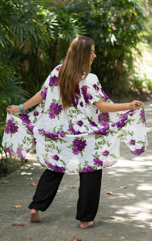 Purple & White Floral Kimono Kimono