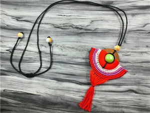 Red Tassel Necklace w/Green Bead