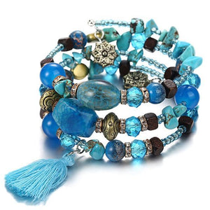 Resin Stone Wrap Bracelet with Tassel and Beads