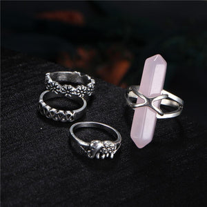Silver Vintage Pink Stone Flower Party Rings Set