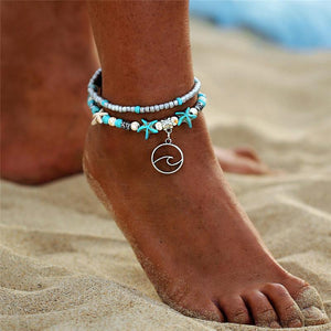 Silver Wave Charm Adjustable Beads Anklet