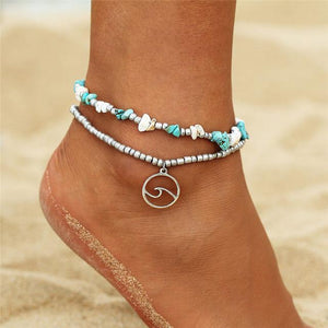 Silver Wave Charm Adjustable Beads Anklet FDY496 Stone