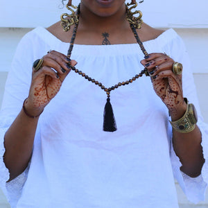 Tiger Eye Buddhist Mala Beads Necklace with Black Tassels Women - Jewelry - Necklaces