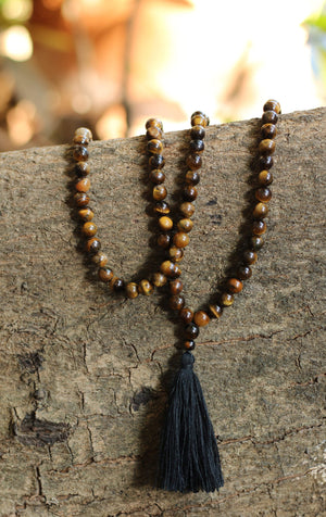Tiger Eye Buddhist Mala Beads Necklace with Black Tassels Women - Jewelry - Necklaces
