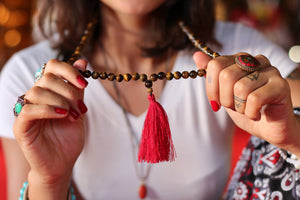 Tiger Eye Buddhist Mala Beads Necklace with Red Tassels Women - Jewelry - Necklaces