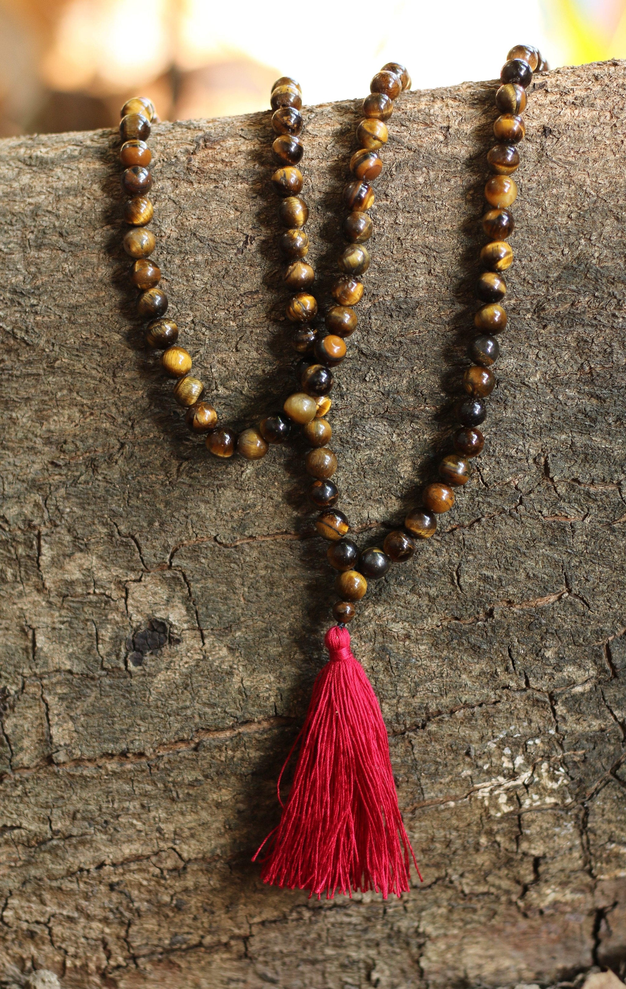 Tiger Eye Buddhist Mala Beads Necklace with Red Tassels - One