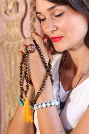 Tiger Eye Buddhist Mala Beads Necklace with Yellow Tassels Women - Jewelry - Necklaces