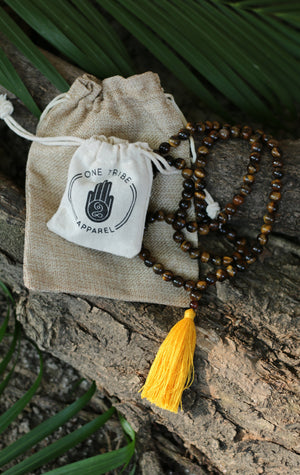 Tiger Eye Buddhist Mala Beads Necklace with Yellow Tassels Women - Jewelry - Necklaces