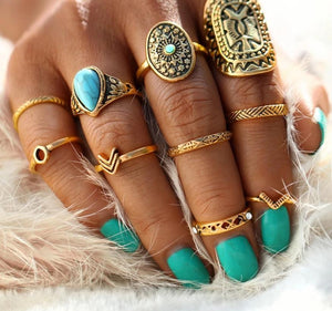 Vintage Mandala Turquoise Ring Set in Gold and Silver