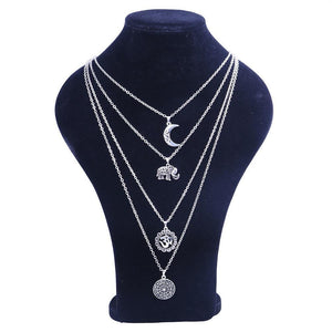 Vintage Silver Metal OM Elephant Moon Pendant  Multilayer Necklace Pendant Necklaces